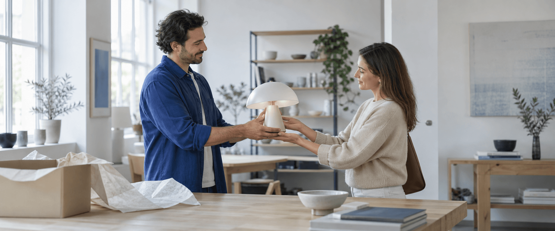 A seller hands a table lamp to a buyer during a purchase.